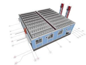 3D вид крыши одноэтажной котельни завода и панелей солнечных батарей