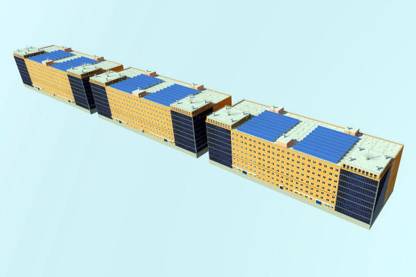 Проект ТПУ на 3150 машиномест (три базовых многоэтажных паркинга) - вид со стороны главных фасадов