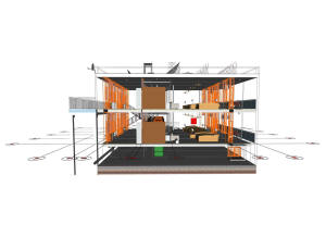 3D вид дома и координационные оси