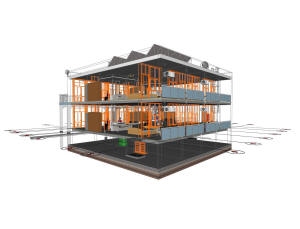 3D вид дома и координационные оси