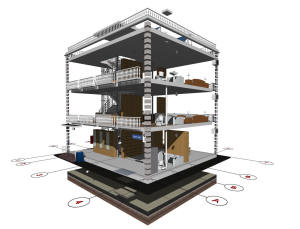 3D вид каркаса дома и координационные оси