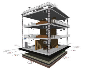 3D вид каркаса дома и координационные оси