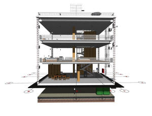 3D вид каркаса дома и координационные оси