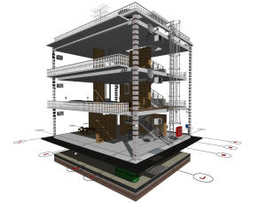 3D вид каркаса дома и координационные оси