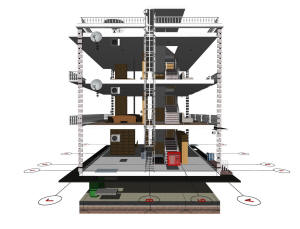 3D вид каркаса дома и координационные оси