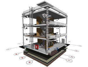 3D вид каркаса дома и координационные оси