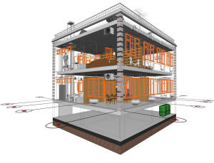 3D вид каркаса дома и координационные оси