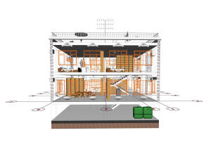 3D вид каркаса дома и координационные оси