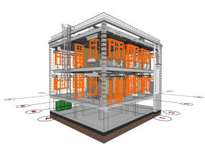 3D вид каркаса дома и координационные оси