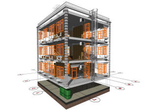 3D вид каркаса дома и координационные оси