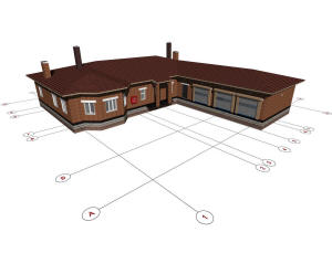 3D вид частного дома и координационные оси