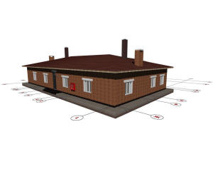 3D вид частного дома, отмостки и координационные оси
