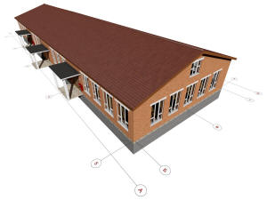 3D общий вид манежа для лошадей и координационные оси