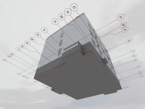 3D общий вид фундамента дома и координатные оси