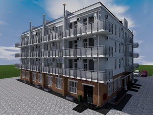 Готовый проект четырехэтажного сейсмоустойчивого многоквартирного дома с нежилыми помещениями на первом этаже