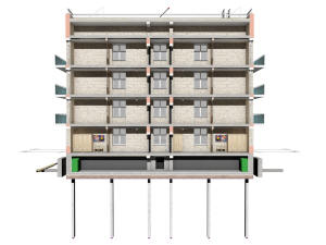 Поперечный разрез четырехэтажного четырехподъездного многоквартирного дома