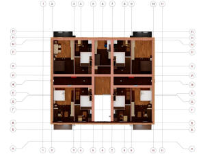 3D общий вид третьего этажа дома, мебели и координатные оси
