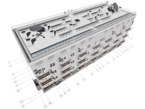 3D вид дома, фундамента и координационных осей