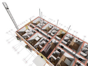 Фрагмент 3D вида первого этажа дома без стен с координатными осями