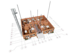 3D общий вид первого этажа дома, мебели и координатные оси