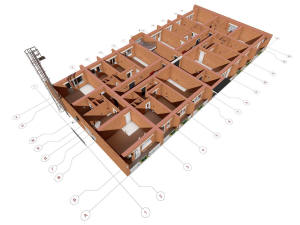 3D вид первого этажа дома и координатные оси