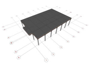 3D вид фундамента дома и координационные оси
