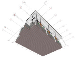 3D вид фундамента дома и координационные оси