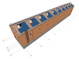 3D общий вид гаража, фундамента и координатных осей