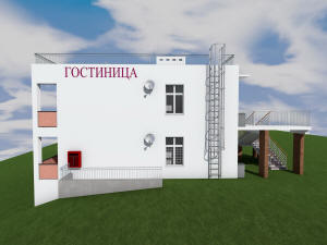 Архитектурный проект двухэтажной гостиницы галерейного типа для строительства на участке земли с уклоном