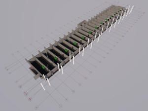 3D вид подполья гостиницы и координационные оси