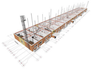 3D вид первого этажа дома с координатными осями