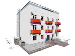 3D вид дома и координационные оси