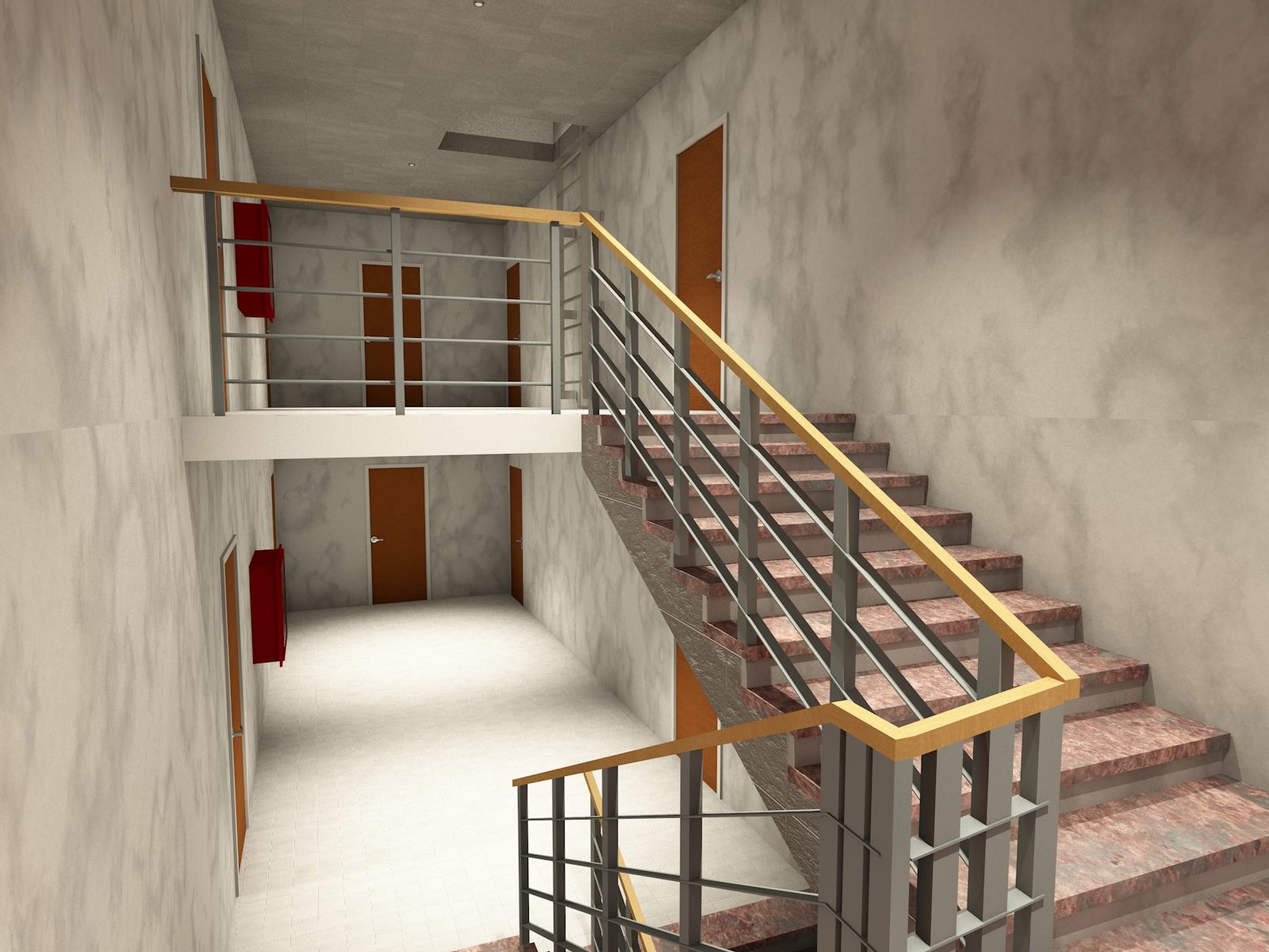3D виды лестницы трехэтажного одноподъездного многоквартирного дома на 18  квартир