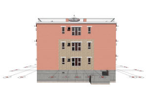 3D вид дома, фундамента и координационных осей