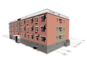 3D вид дома, фундамента и координационных осей