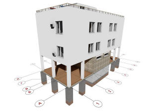 3D вид дома и координационные оси