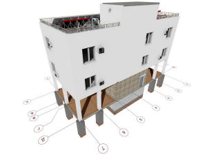 3D вид дома и координационные оси